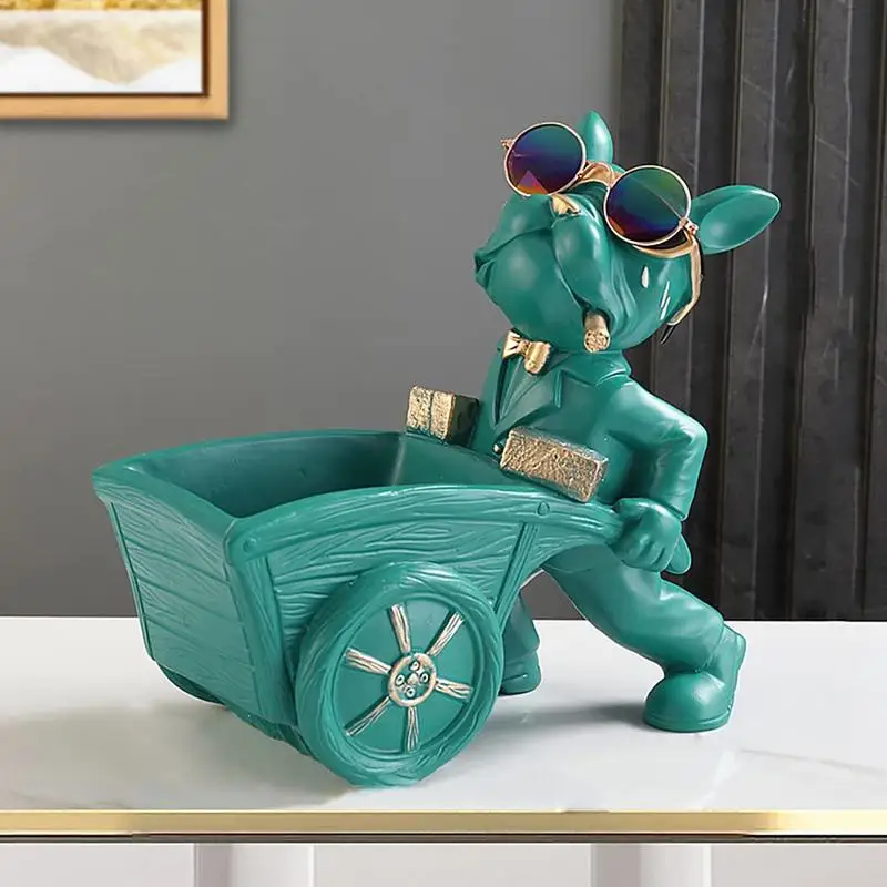 Tigela de chave fofa, decoração de entrada de resina, recipiente de artigos diversos, adorável, criativo, cachorro puxando um carrinho, design, estátua, decoração de armazenamento para