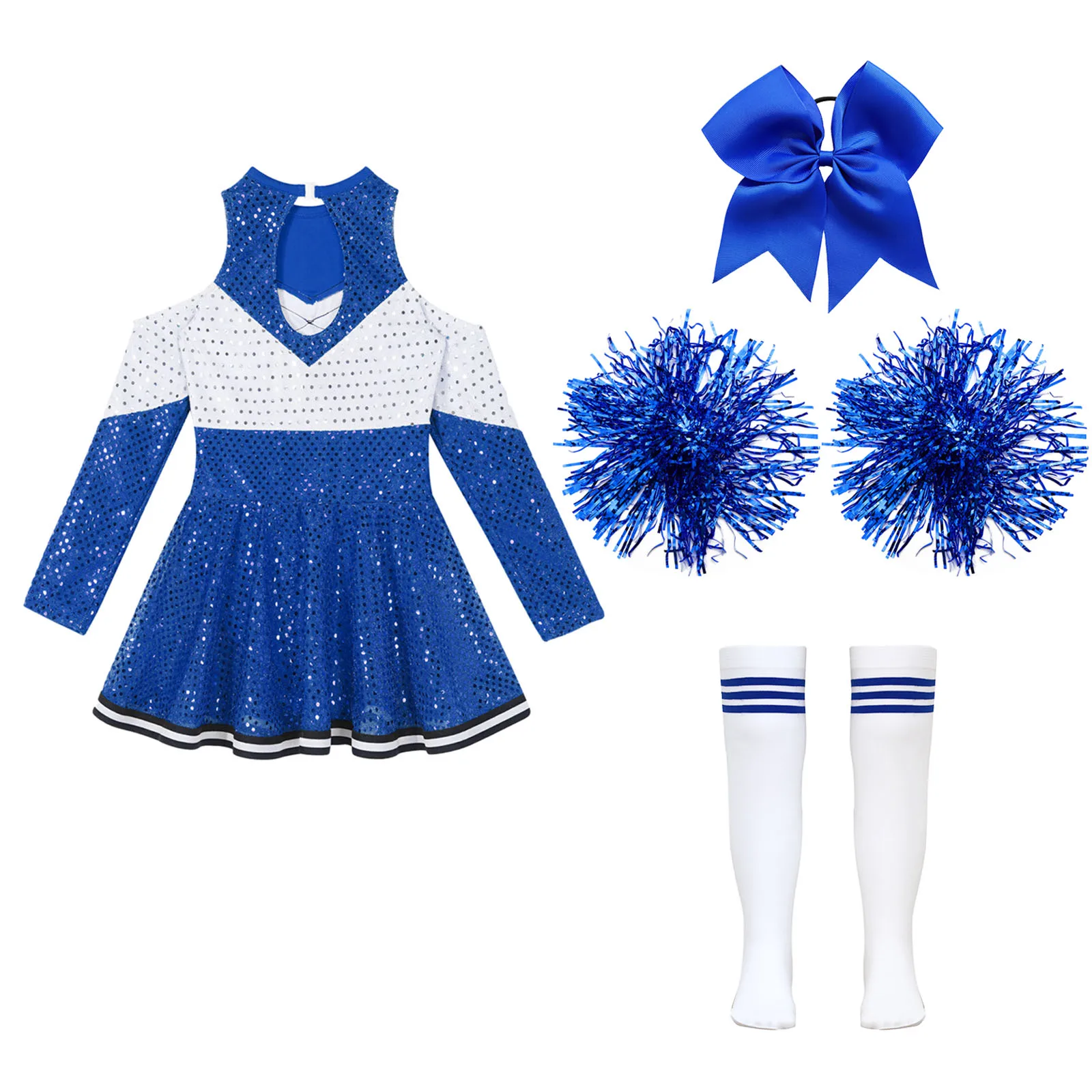 Tenues de danse de cheerleading pour filles, robe à sequins à manches longues et épaules dénudées avec couvre-chef, fleurs à la main, chaussettes, costume de cheerleader