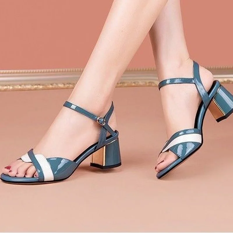 Roman Sandals Woman Elegant Summer New 2024 Sandals for Women Mirror Luxury Medium Block Heels Designer Chunky Orthopedic Blue