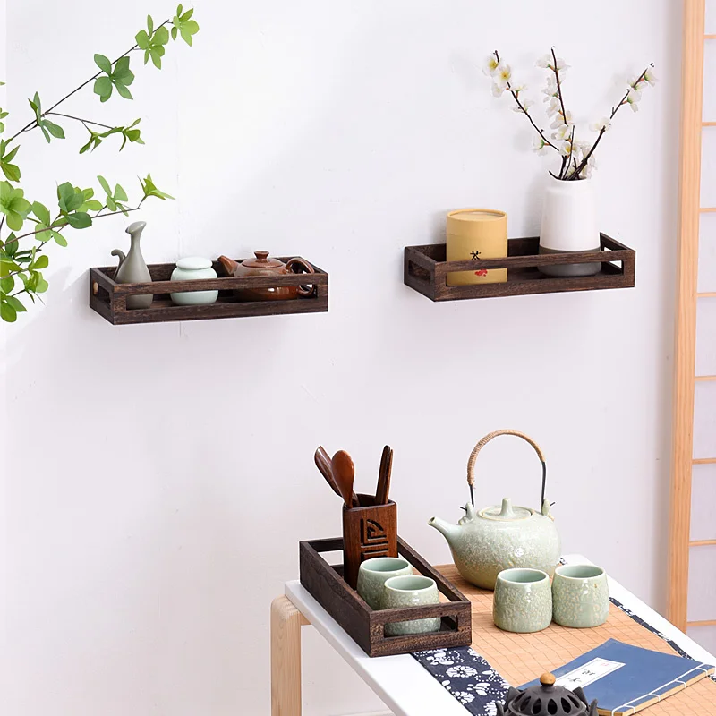 Retro Wall-Mounted Tea Set Shelves Multi-Functional Solid Wood Table Tea Tray Spice Rack Organizer