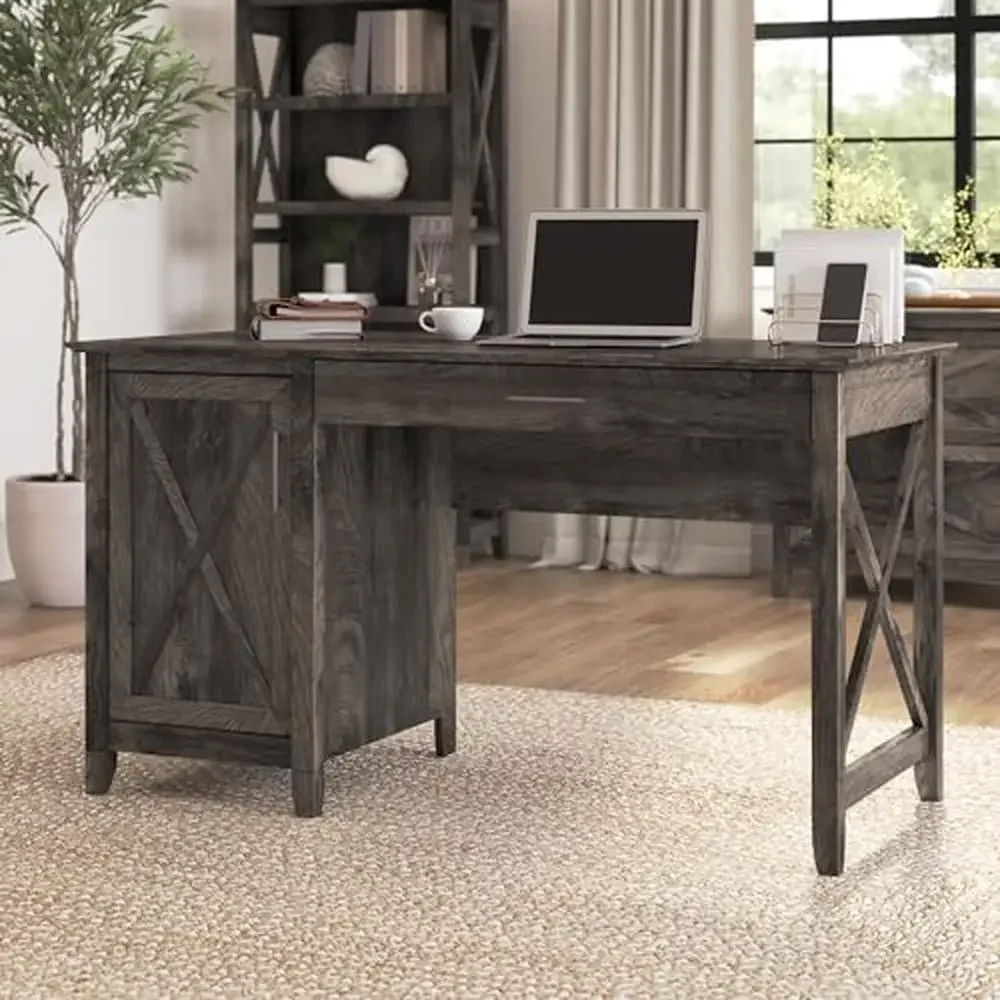 Computer Desk with Keyboard Tray and Storage Farmhouse Style 54-Inch Dark Gray Hickory Desk X Pattern Accent ANSI/SOHO Tested