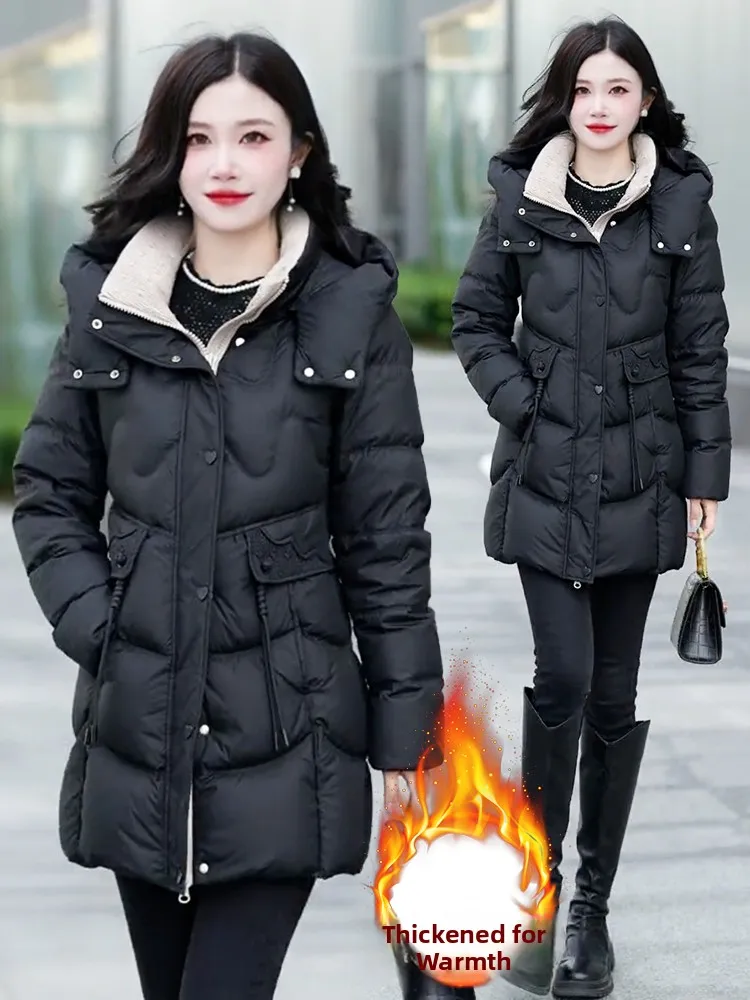 Thiened algodão para baixo Jaet feminino comprimento médio com capuz acolchoado casaco coreano sle commute solto ajuste longo sve fechamento com zíper