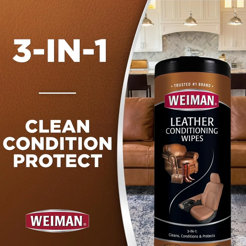 Leather Cleaner & Conditioner Wipes - Cleans, Restores & Protects, UV Protection for Car Seats, Sofas, Shoes, Bags, 2 Pack, 60 Wipes