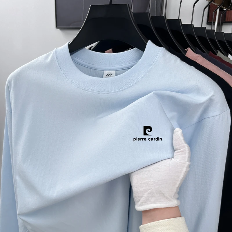High End Quality Men's 100% Cotton T-Shirt Autumn New Solid Color Printed Long Sleeved O-Neck Top Trend Exquisite Men's Clothing