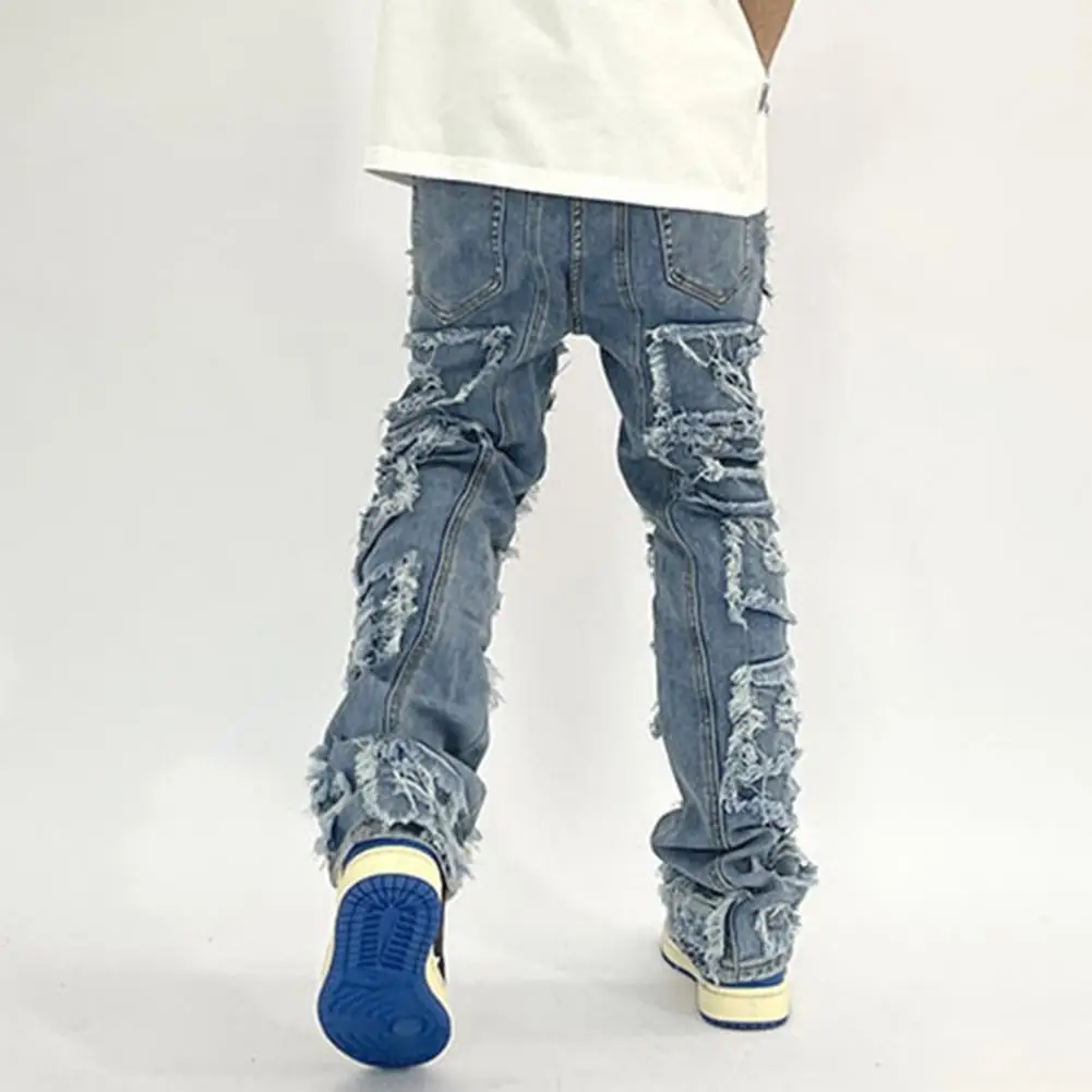 Stretchy Vintage Blue Stacked Jeans For Men Premium Frayed Denim Destroyed Washed Patchworks Pants New