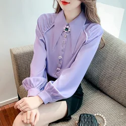 Korean Chic women Shirts Spring Retro Palace Style Blouses Pointed Collar Puff Sleeve Pearl Button Loose Blusas