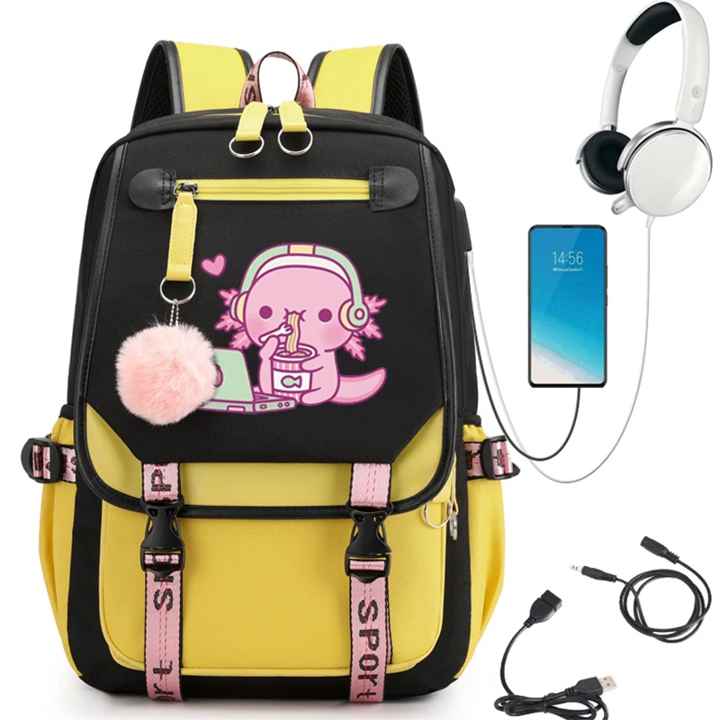 Backpack School Bag Girl Back Pack Children Teenager Female Schoolbag Cute Axolotl Loves Instant Noodles Anime Primary Bagpacks