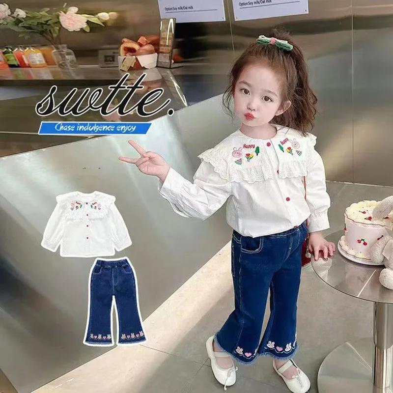 Kids Girls Clothing Girls Lace Neck Shirt Love Jeans 2023 Spring And Autumn Baby Children's Fashion T-shirt Girls Jeans