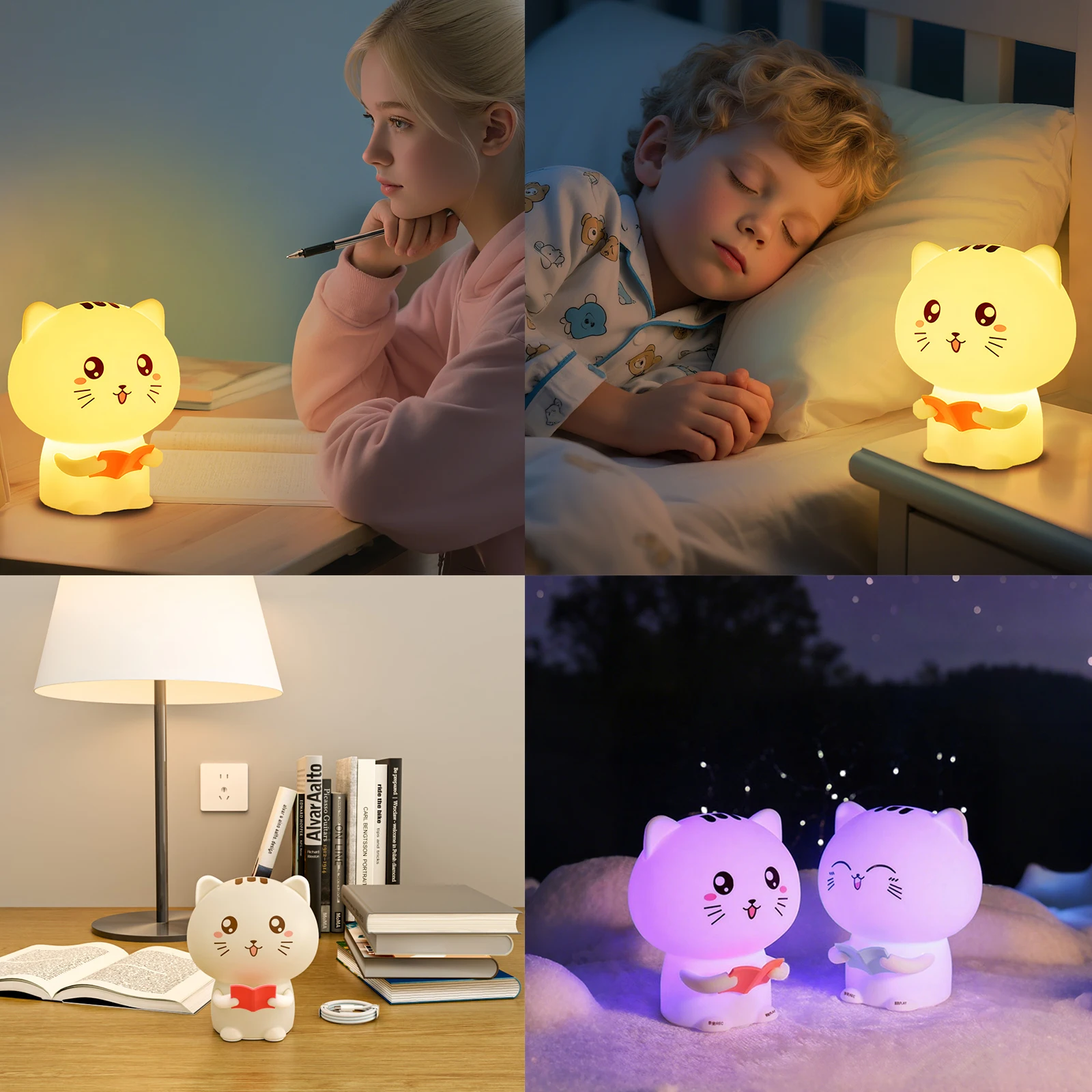 Colorful Life Cute Cat Silicone Night Light Soft Lighting Kids Bedside Lamp Bedroom Decoration Holiday Gift