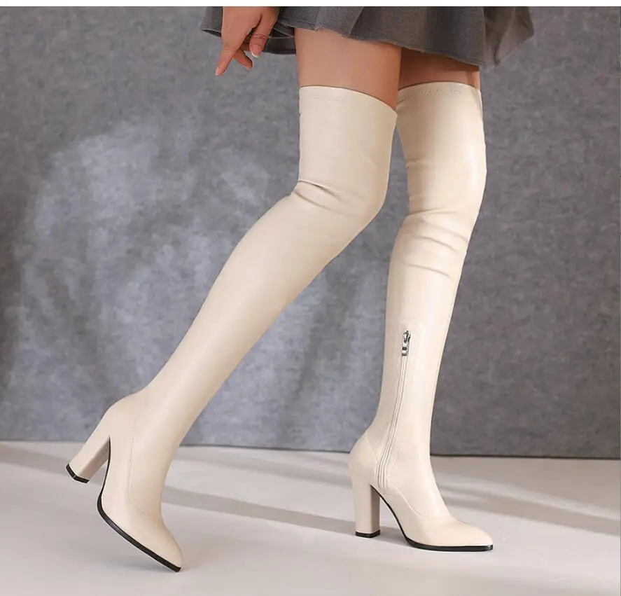 Spring Women Thigh High Boots Women Autumn Winter Elastic Leather Over-the-knee Boots For Women Black Heels Long Shoes Large Siz