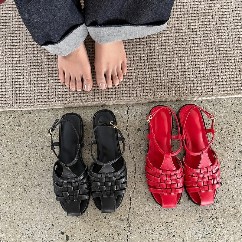 Women's new summer genuine leather cowhide low heel elastic open toe breathable toe opening Roman shoes fashion sandals