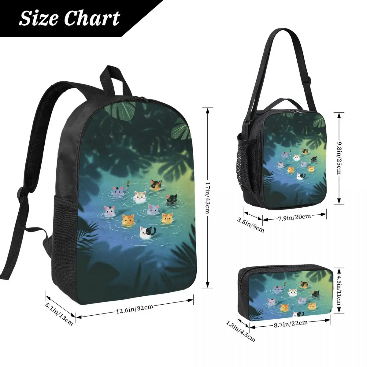 Summer Pool Cartoon Cat Anime Backpack Boys Girls BookBag School Bag Laptop Shoulder Bags 3ps Insulated Lunch Bag Pencil Case