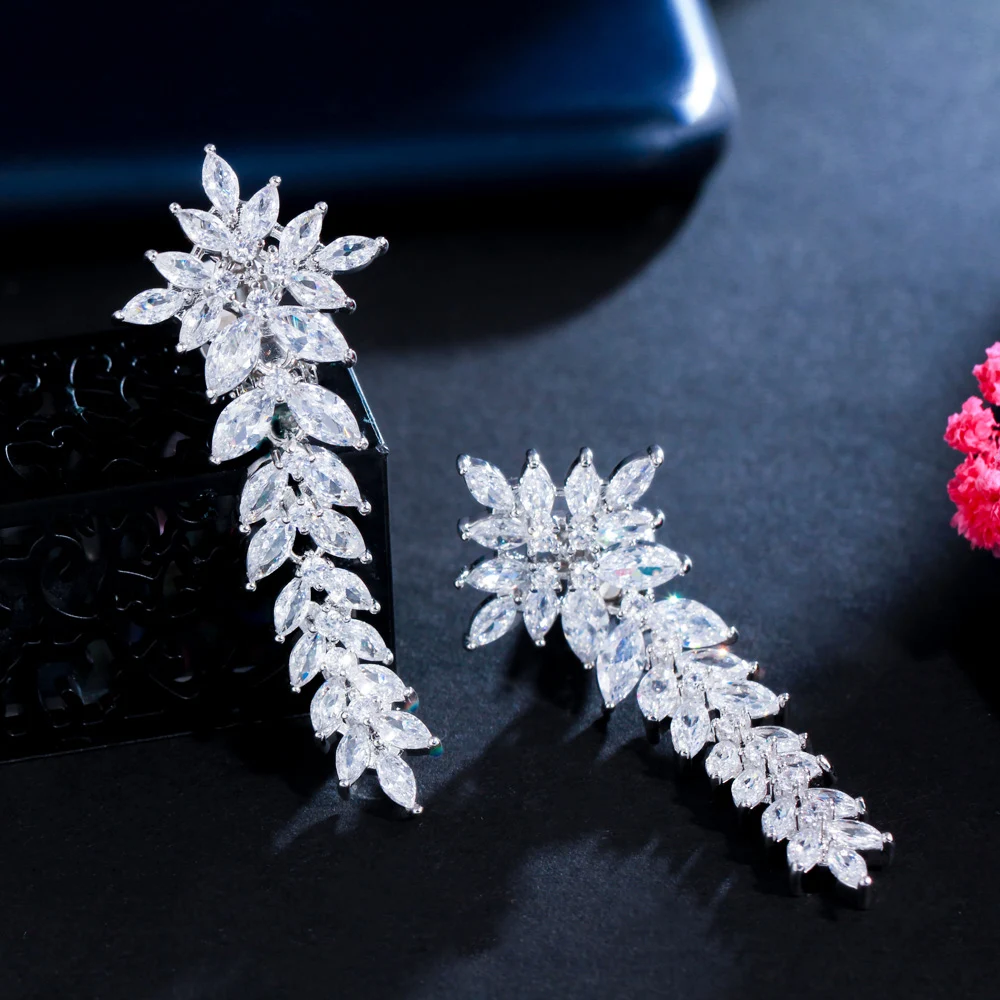 CWWZircons Lange Blatt-Ohrklemme Ohne Ohrloch Zirkonia-Kristallbesatz Damen Hochzeits-Party-Accessoire Großhandel EJ0010 – Detail 6