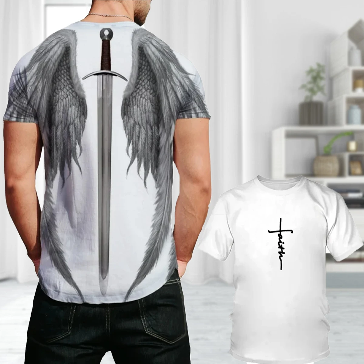 Dazzling Cool Men\'s T-shirt Angel Wings Cross 3D Printed Summer Casual Short Sleeve Oversized Fashion Breathable Sports Clothing