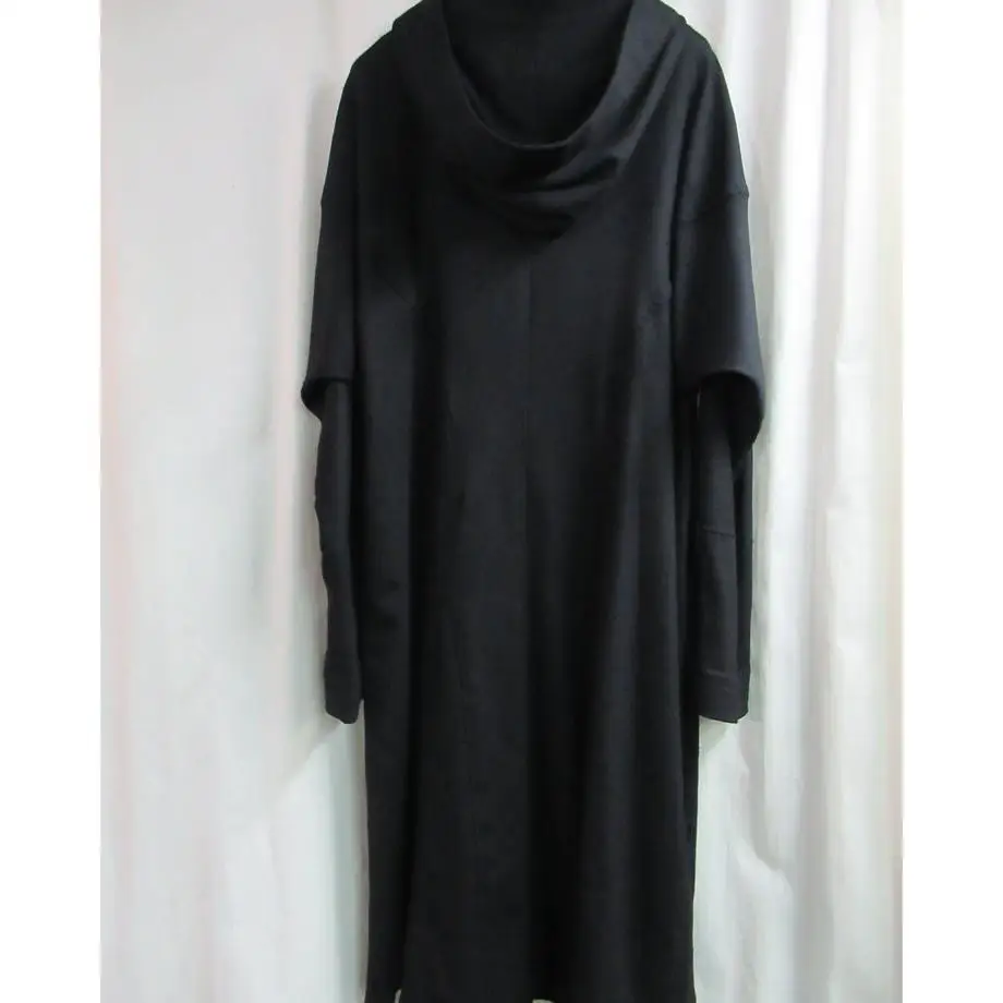 TOP-YAMAMOTO ® Loose black hooded trench coat for women, mid-length, loose silhouette, simple and elegant