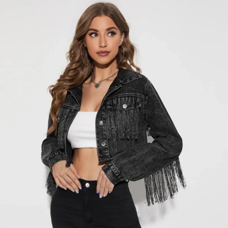 Cowboy Jacket Women's Fashion Tassel Stitching Sexy Ripped Denim Coat Retro Casual Short Long Sleeve Streetwear Jean Jacket