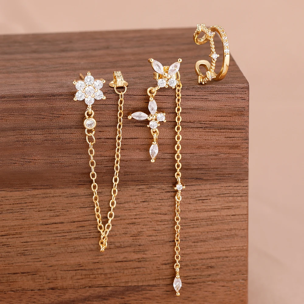 3PCS Flower Butterfly Tassel Chain Dangle Earrings Set For Women Zircon False Perforation Ear Clip Hypoallerg Statement Jewelry