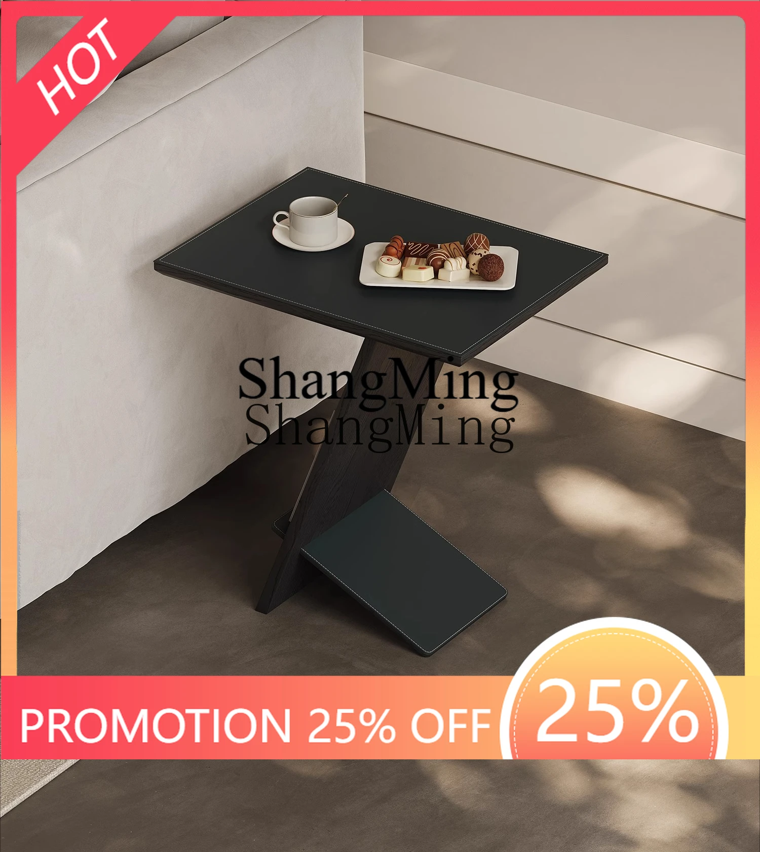 

FG retro black solid wood sofa edge few light luxury high-end saddle leather living room small coffee table