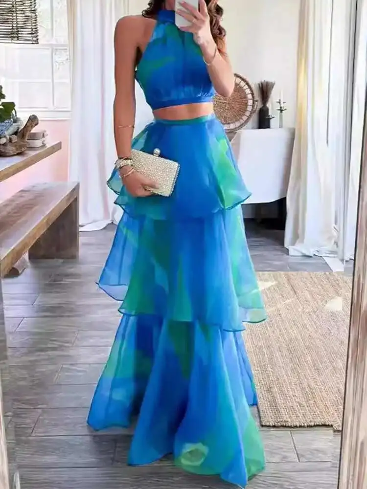 Stand Collar Hollow Out Loungewear Dresses, Women Summer 2025 Sleeveless Fashion Party Dress, Printing Patchwork Ladies Vestidos