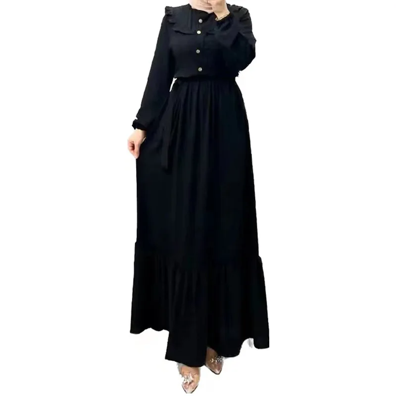 Solid High Neck Long Sleeve Abayas for Women Elegant Dubai Abaya Fashion Ruffled Kaftan Turkey Islam Clothes Muslim Dress Caftan