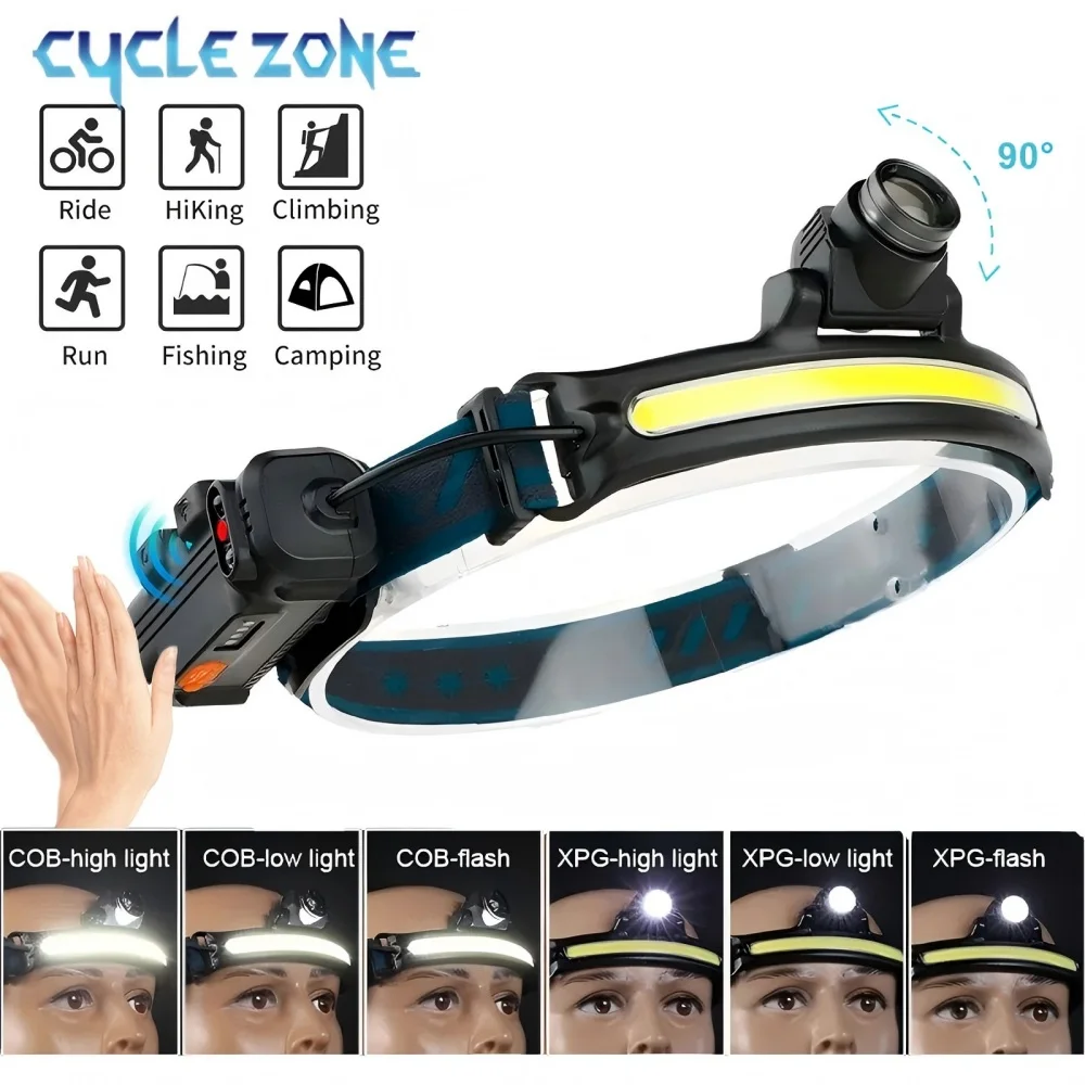 

Сенсорный налобный фонарь XPG + COB, налобный фонарик TYPE-C, перезаряжаемый налобный фонарь с зумом, 6 режимов, фара, уличный фонарь для кемпинга, рыбалки
