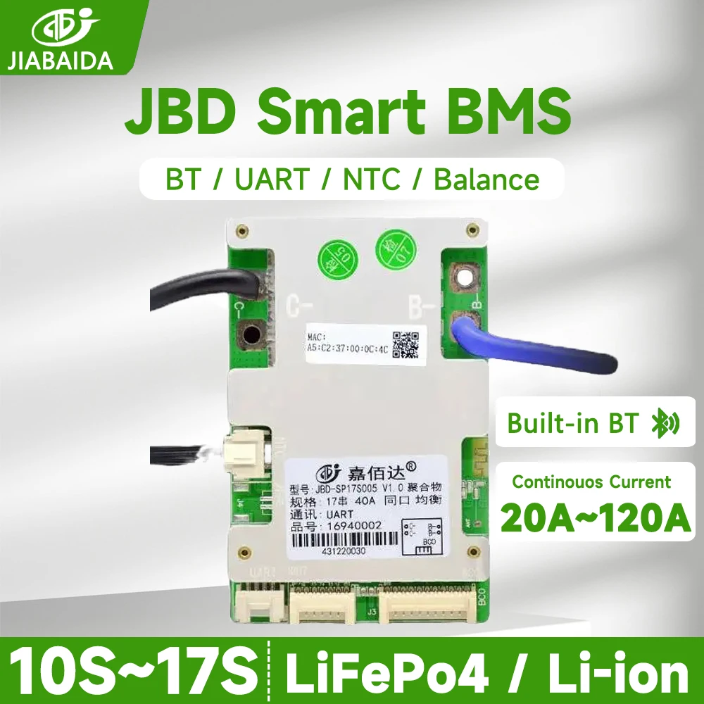 JBD BMS 16S 48V LiFePo4 10S-17S 12S 13S 14S 16S Li-ion Lithium Battery BT UART 20A 40A 50A 80A 120A Discharge JIABAIDA Smart BMS