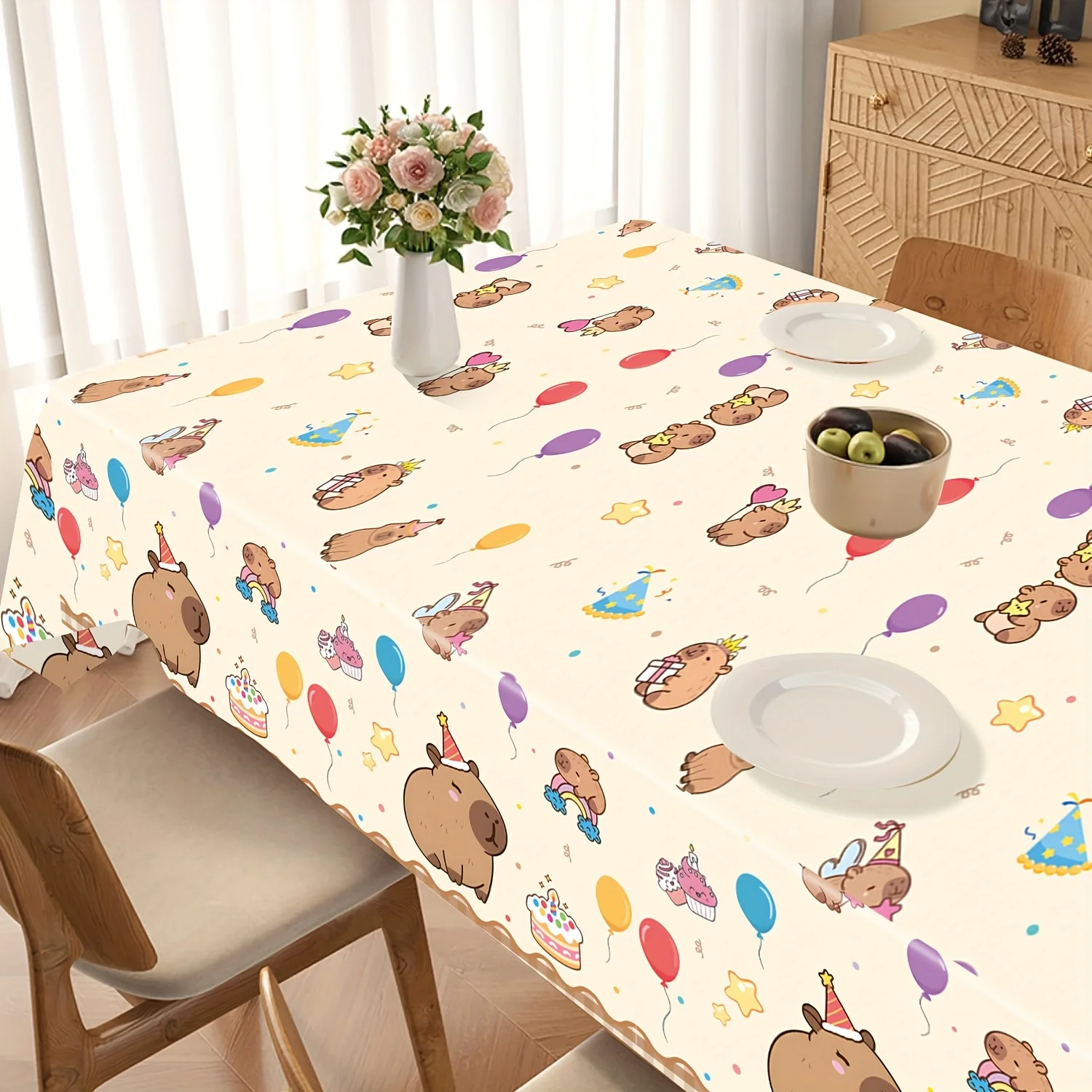 Capybara theme rectangular tablecloth - one-time use tablecloth, oil-resistant, decorative polyester fiber