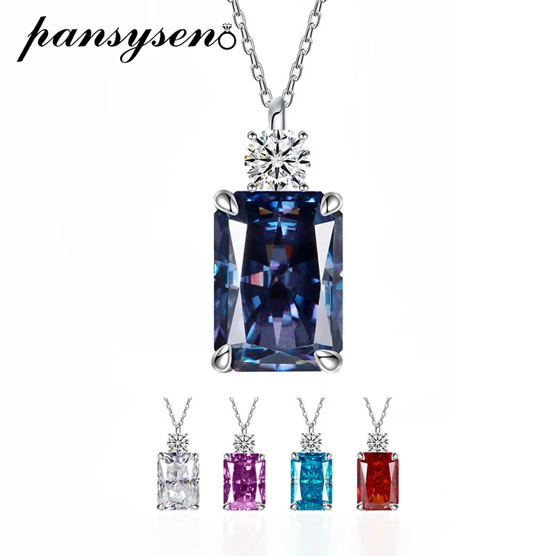 

PANSYSEN Vintage 925 Sterling Silver 7CT Radiant Cut Tanzanite High Carbon Diamond Gemstone Pendant Necklace 18K Plated Jewelry