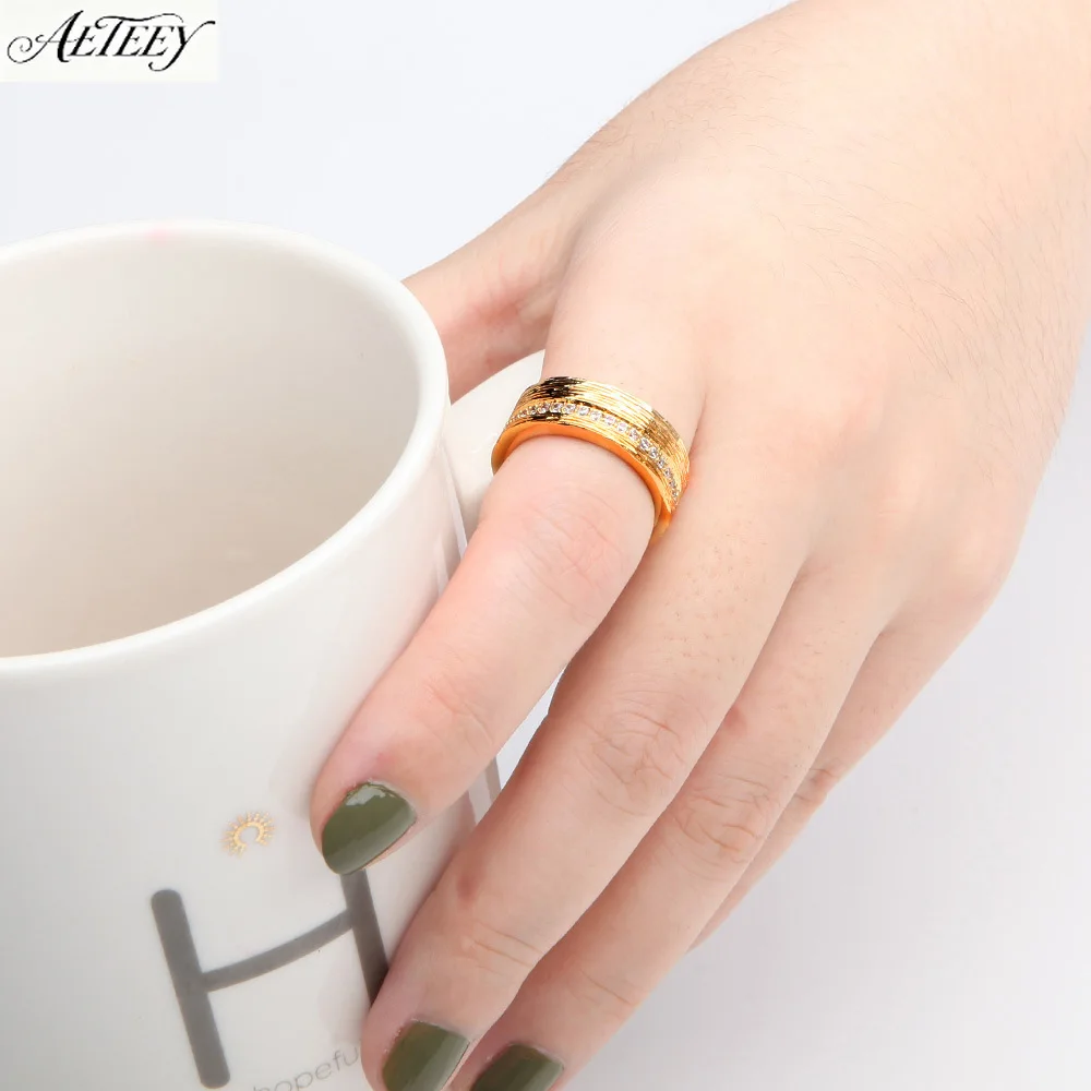 Gold Plated Wide Band Ring Single Row Shiny Zircon Vintage Brushed Texture Light Luxury Women Finger Jewelry