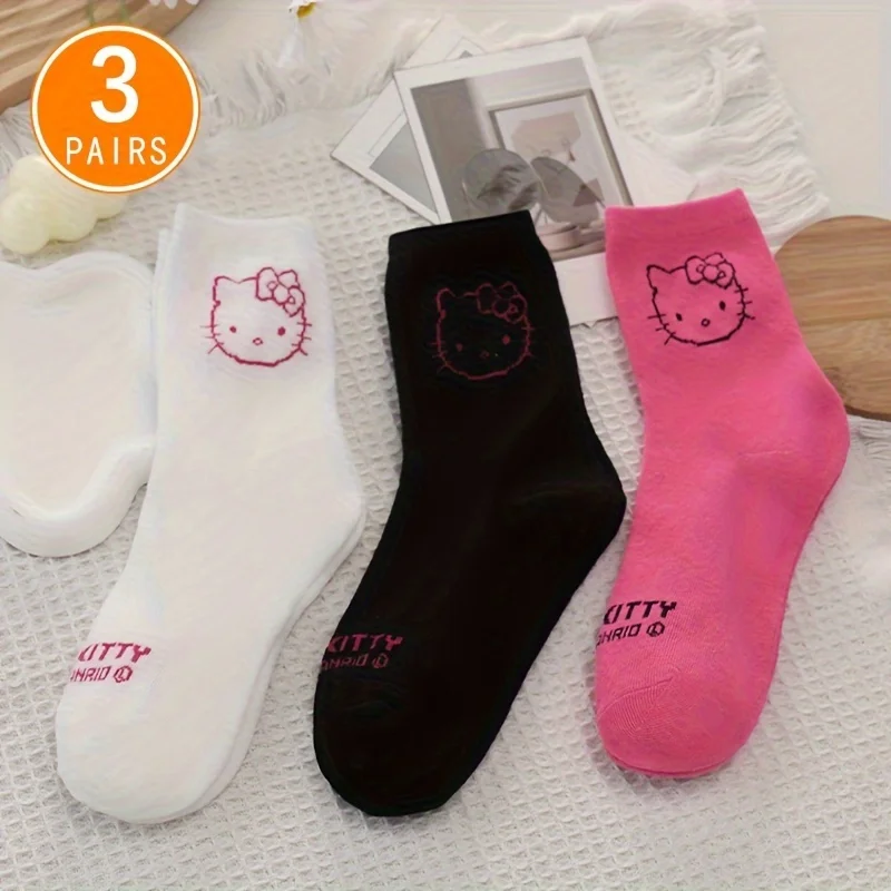 3 Pairs Cute Sanrio Hello Kitty Cartoon Socks, Cute & Soft Japanese Style Mid Tube Socks, Women's Stockings & Hosiery