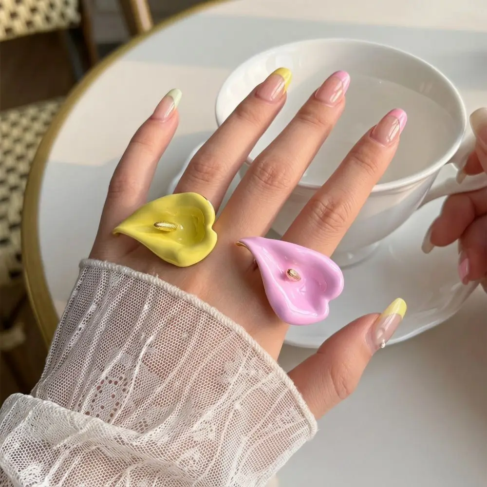Adjustable Enamel Calla Flower Ring Colorful Opening Geometric Open Ring Minimalist Metal Vintage Ring Jewelry Accessories