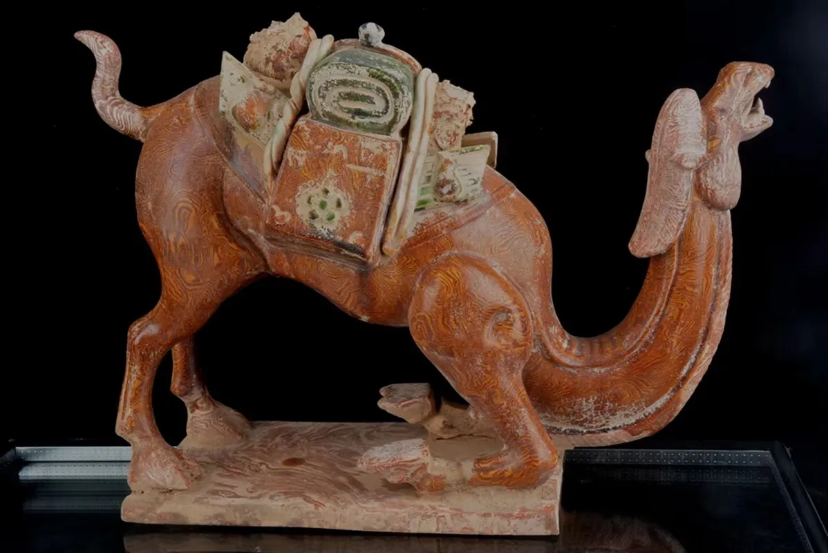 Tang Sancai fully hand-sculpted porcelain twisted tire and lying camel unearthed old goods