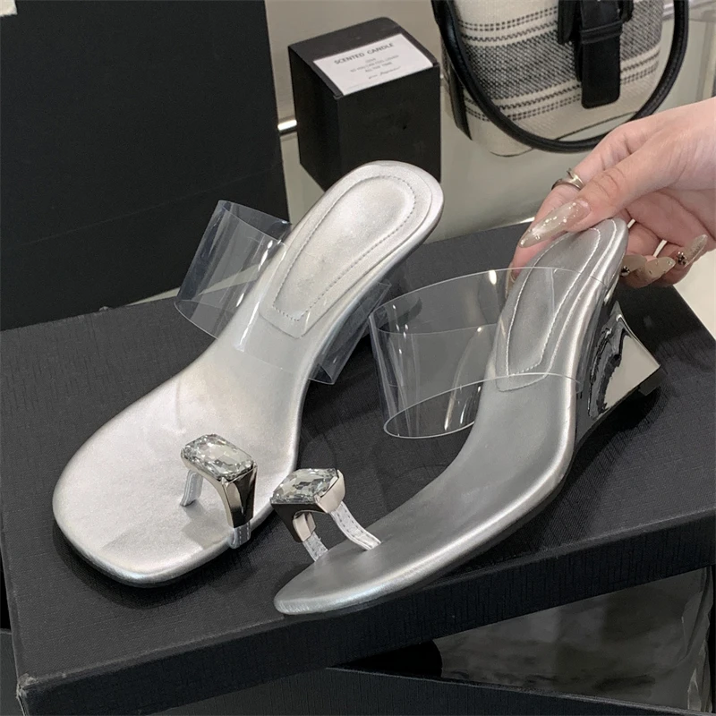 

Eilyken New Fashion Summer Crystal PVC Transparent Slippers Woman Square Clip Toe Wedges Heels Banquet Party Shoes