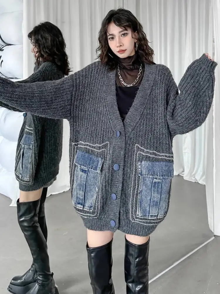 

Серый джинсовый карман большого размера, вязаный кардиган, свитер с v-образным вырезом и длинными рукавами, женская новая мода, весна-осень