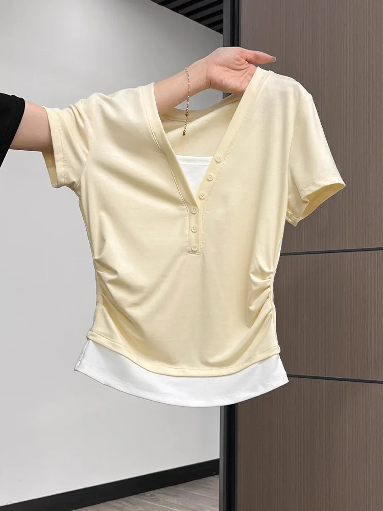 Schickes weißes V-ne ort Sve T-Shirt für Damen, Sommer, geraffte Taille, schmale Passform, koreanisches Sle-Pendler-Wind, faionable Top