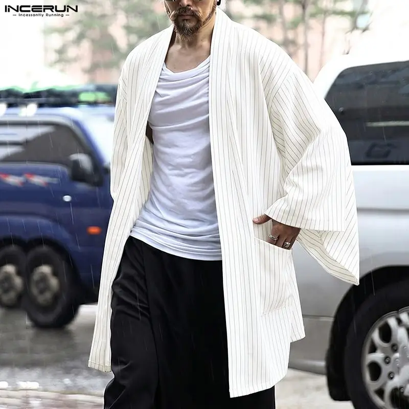 INCERUN Men's Striped Cardigan Trench Open Stitch Long Sleeve Casual Loose Male Coats Streetwear 2026 Long Style Outerwear S-3XL