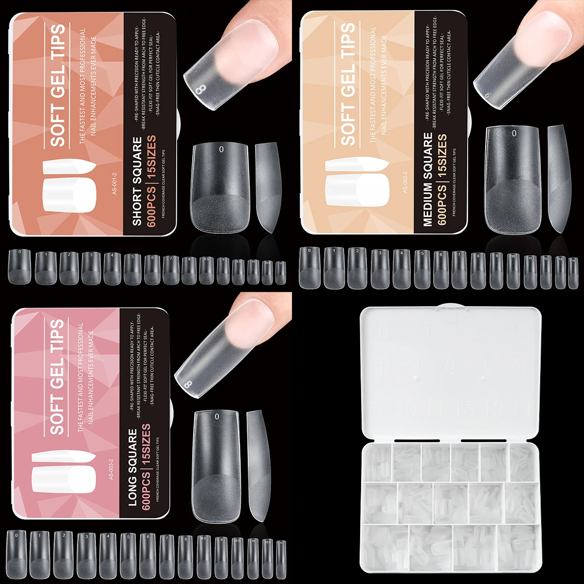600 PCS Matte กดบนเล็บเคล็ดลับเล็บปลอม 15 ขนาดอะคริลิคสั้นสแควร์ Soak Off GEL เคล็ดลับเล็บปลอมสําหรับ DIY Salon