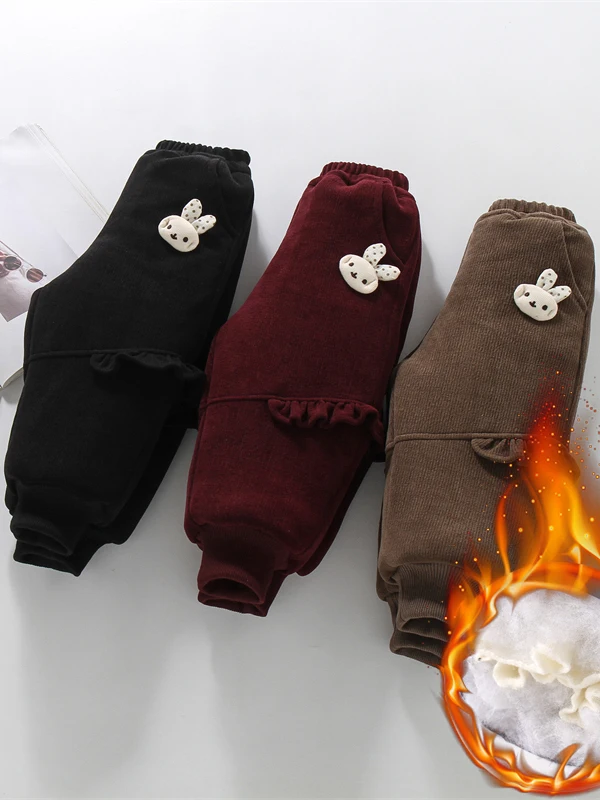 سراويل كاجوال مبطنة بالشتاء للفتيات، سراويل طويلة عالية الخصر، تصميم غير متماثل، مزيج قطني مريح للأطفال