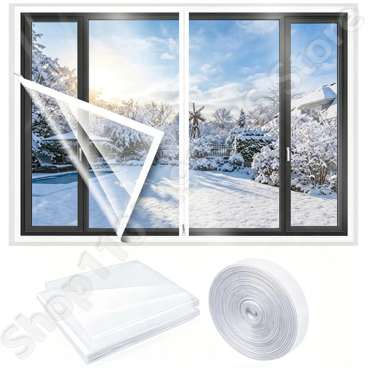 White zipper style winter warm curtains, transparent non drilling self-adhesive windproof and cold proof insulation window films