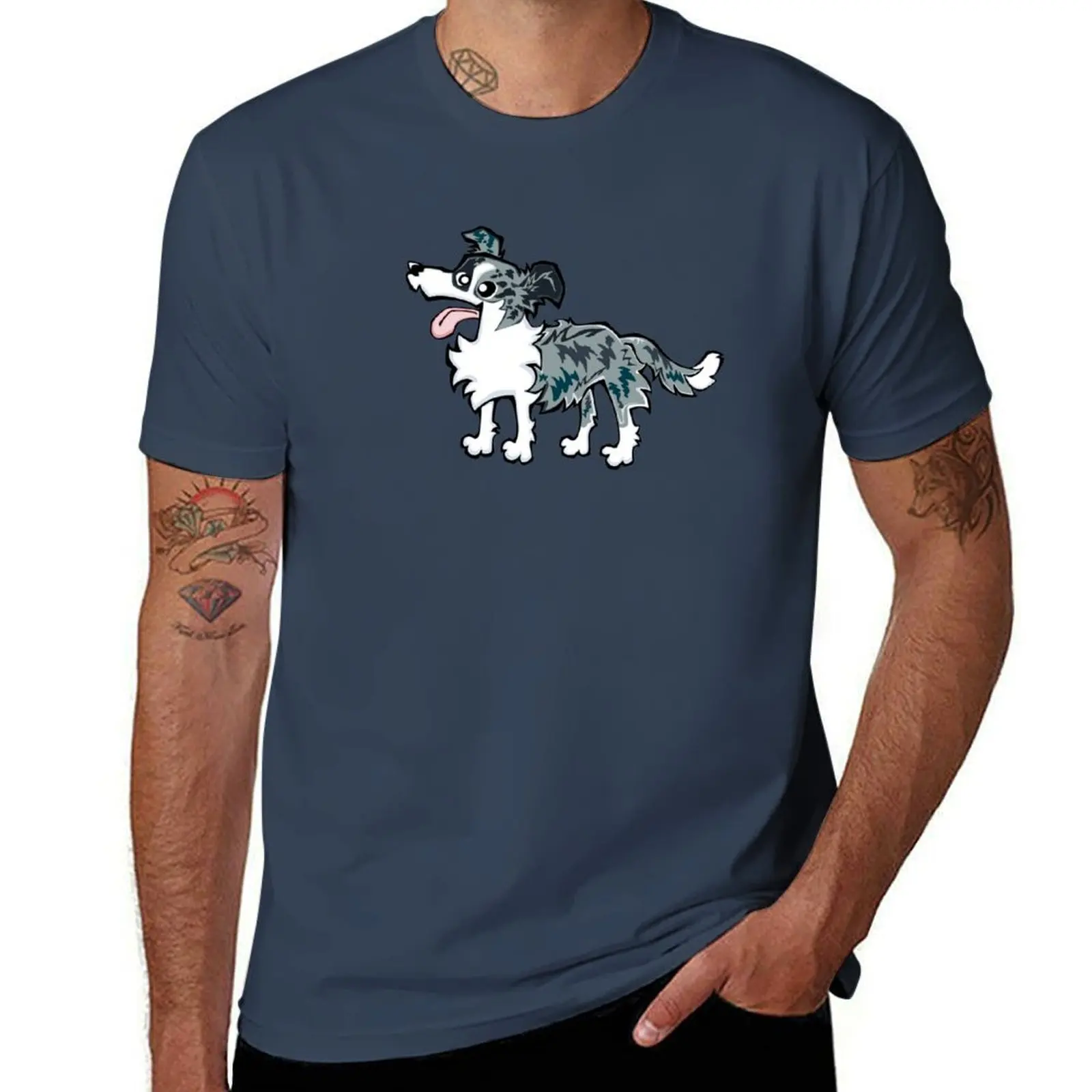 

Border Collie - Blue Merle (Full Body) BLUE BG T-Shirt man t shirt luxury man t shirts cotton T-Shirt