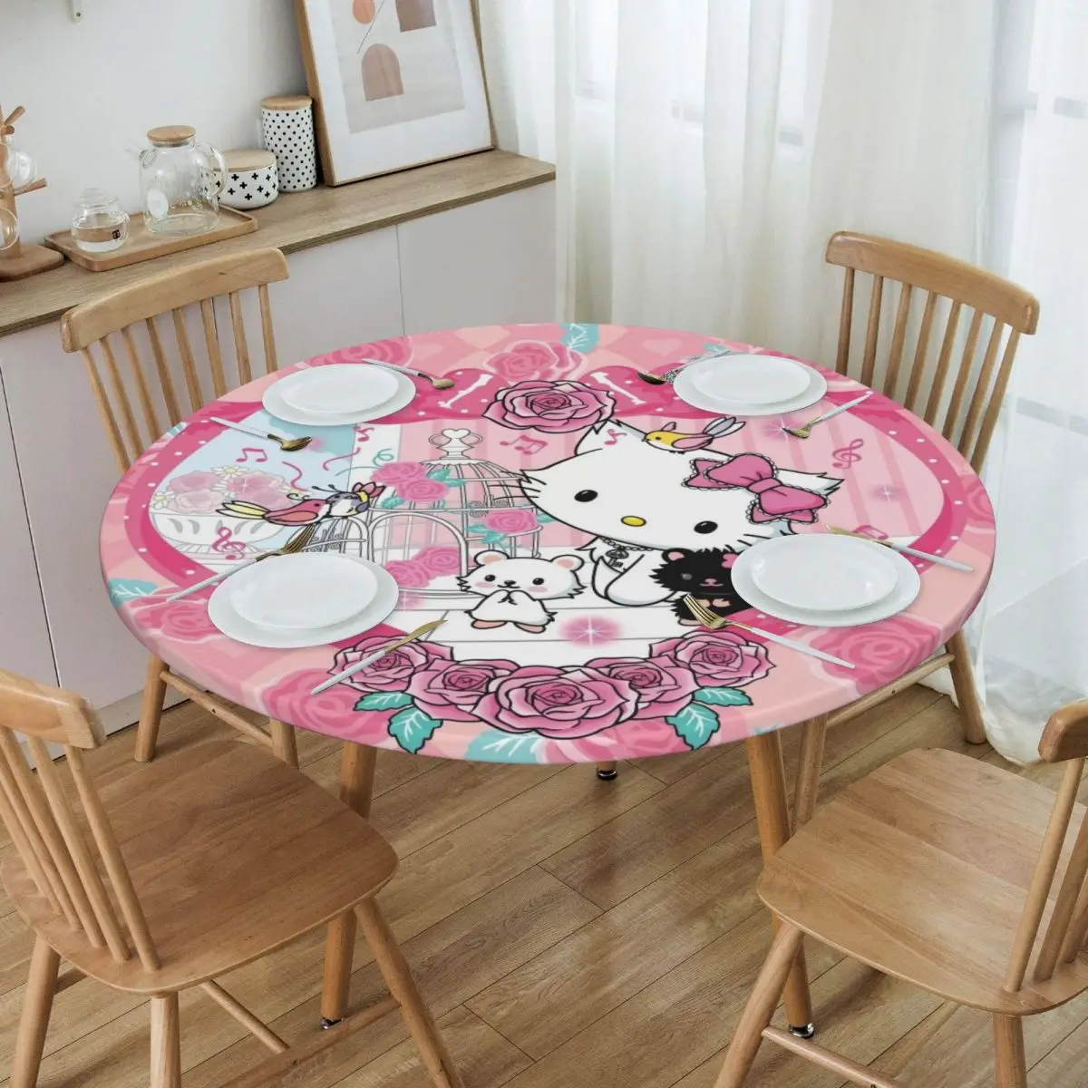 Custom Round Waterproof Oil-Proof Charmmy Kitty Sanrio Cartoon Tablecloth Backing Elastic Edge Table Cover Fit Table Cloth