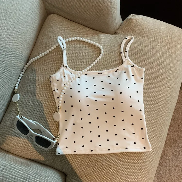 Women's Polka Dot Camisole Top, Double-Strap Cropped Tank with Built-In Bra, Casual Sleeveless Summer Cami