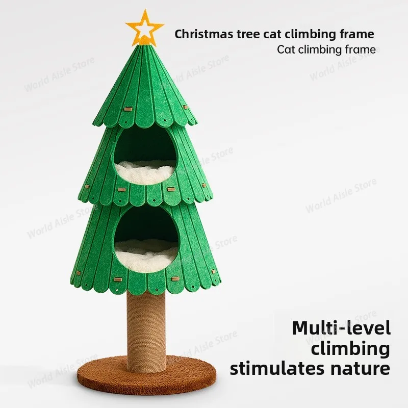 Creative Christmas Tree-Shaped Multi-Level Cat Tree, All-in-One Scratch-Resistant Multi-Functional Cat Climbing Tower with Condo