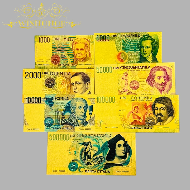 7 قطع/وحدة من الأوراق النقدية الإيطالية اللطيفة Lire الأوراق النقدية المطلية بالذهب عيار 24 قيراط للتجميع