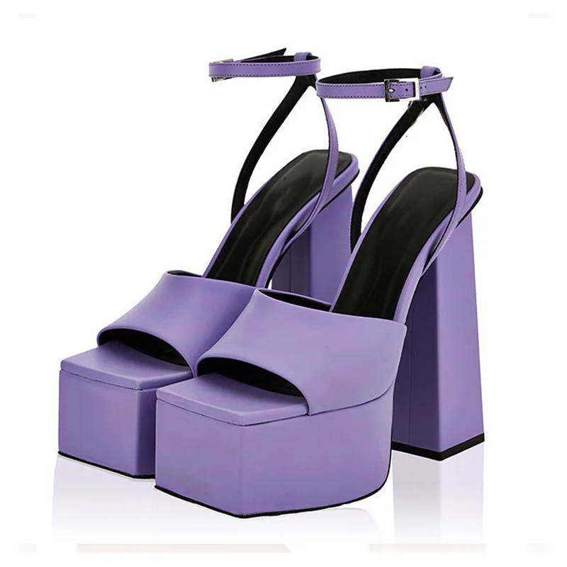 

Fashion PU Leather Square Toe Thick High Heel Shoes Women Peep Toe Belt Buckle Sandals Woman Party Dance Pumps Plus Size