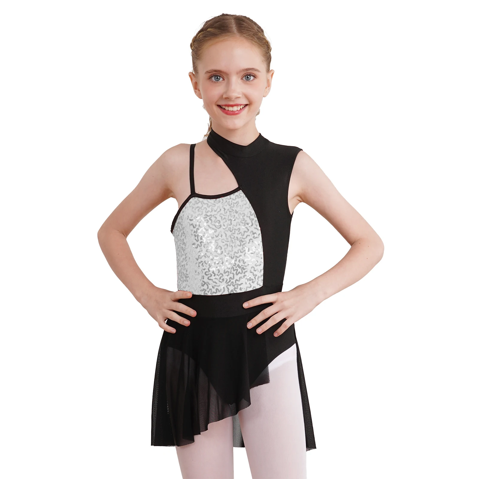 Kids Girls Artistic Figure Skating Ballet Lyrical Tutu Dress Sleeveless Round Collar Off Shoulder Shiny Sequins Dance Costume