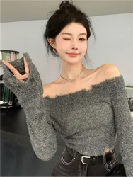 Deeptown Y2K Vintage Gray Cropped Sweater Women Harajuku Grunge Off Shoulder Knitted Jumper Korean Sexy Slim Pullover Tops Kpop