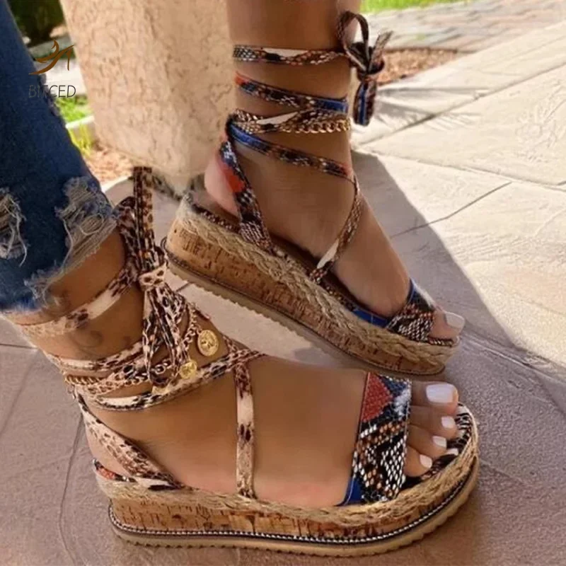 Women Sandals  Summer Snake Wedge Shoes Ethnic Print Fashion Casual Lace Up Women Shoes Beach Ladies Plus Size Shoes Sandals