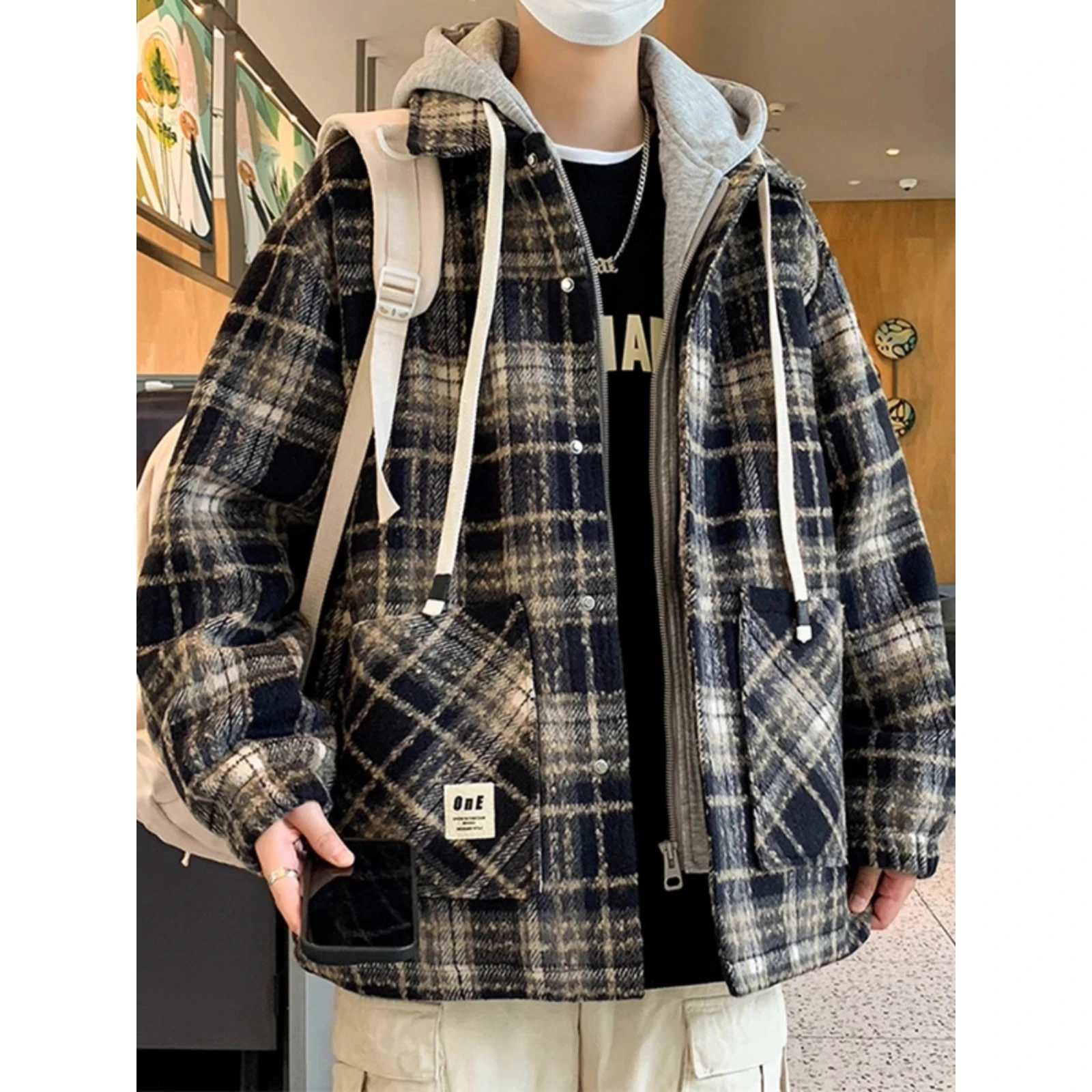 

Thiened клетчатая куртка с капюшоном, мужская осенне-зимняя теплая хлопковая верхняя одежда большого размера, дизайн Sense, искусственный комплект из двух предметов, повседневный комплект