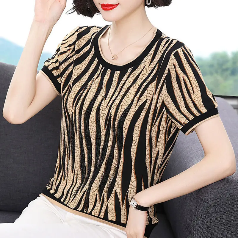 

Summer Pullover Short Sleeve Leopard Printing Rhinestone Contrast Color Round Neck Women's Clothing T-shirt Fashionable Tops